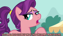 Size: 1280x720 | Tagged: safe, edit, edited screencap, screencap, spoiled rich, earth pony, pony, g4, where the apple lies, caption, female, image macro, implied stellar flare, mare, meme, ponytail, solo, spoiled milk, text