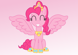 Size: 912x641 | Tagged: safe, artist:forsakenxenon, pinkie pie, alicorn, pony, g4, alicornified, collar, crown, digital art, eyes closed, female, horn, jewelry, mare, pinkiecorn, race swap, regalia, simple background, sitting, smiling, solo, spread wings, tail, wings, xk-class end-of-the-world scenario