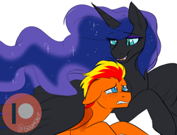 Size: 1250x950 | Tagged: safe, artist:cosmalumi, nightmare moon, oc, oc only, oc:fireheart(fire), pegasus, pony, comforting, crying, female, hug, male, mare, nicemare moon, patreon, patreon logo, solo, stallion, watermark, winghug, wings