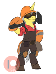 Size: 950x1250 | Tagged: safe, artist:cosmalumi, oc, oc only, pony, unicorn, bipedal, clothes, engineer, engineer (tf2), horn, patreon, patreon logo, simple background, solo, standing on two hooves, team fortress 2, unicorn oc, watermark, white background, wrench