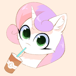 Size: 1500x1500 | Tagged: safe, artist:glazirka, sweetie belle, pony, unicorn, g4, bust, cheek fluff, disembodied head, drink, drinking, ear fluff, female, looking at you, simple background, solo, straw