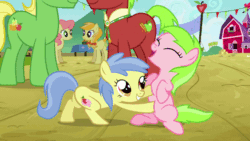 Size: 576x324 | Tagged: safe, screencap, apple cinnamon, apple flora, gala appleby, jonagold, marmalade jalapeno popette, pink lady, sweet tooth, wensley, earth pony, pony, apple family reunion, g4, animated, apple family member, bellyrubs, candy caramel tooth, candy cawwramel tooth, cute, diabetes, duo focus, eyes closed, female, filly, florabetes, gif, grin, hnnng, male, mare, open mouth, sitting, smiling, stallion, tickling, underhoof