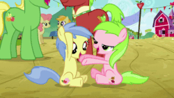 Size: 576x324 | Tagged: safe, screencap, apple cinnamon, apple flora, gala appleby, jonagold, marmalade jalapeno popette, sweet tooth, wensley, pony, apple family reunion, g4, animated, apple family member, cute, diabetes, eyes closed, female, filly, gif, grin, hoofbump, male, mare, open mouth, sitting, smiling, stallion, underhoof