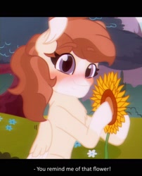 Size: 1280x1586 | Tagged: safe, artist:thatonefluffs, oc, oc only, oc:summer days, pegasus, pony, blushing, eye clipping through hair, eyebrows, flower, looking at you, solo, sunflower