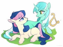 Size: 1024x768 | Tagged: safe, artist:amo, bon bon, lyra heartstrings, sweetie drops, earth pony, pony, unicorn, g4, adorabon, cute, female, lesbian, looking at each other, lyrabetes, lyre, missing cutie mark, musical instrument, ship:lyrabon, shipping, simple background, white background