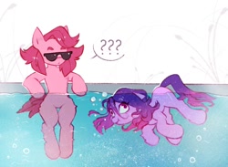 Size: 1026x752 | Tagged: safe, artist:share dast, oc, oc:holivi, oc:share dast, earth pony, pony, air bubble, asphyxiation, bubble, drowning, female, grimderp, mare, partially submerged, sunglasses, underwater