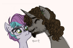 Size: 872x568 | Tagged: safe, alternate version, artist:hippykat13, artist:sabokat, oc, oc only, oc:kitty sweet, oc:silence, pegasus, pony, unicorn, boop, confused, digital art, dimples, ear piercing, earring, facial hair, freckles, glasses, jewelry, partial heterochromia, piercing, snoot, traditional art