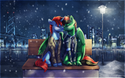 Size: 3840x2400 | Tagged: safe, artist:gaelledragons, oc, oc only, oc:lightning weather, oc:red diamond, pegasus, pony, unicorn, bench, bridge, city, clothes, commission, duo, eyes closed, gay, high res, kissing, lamppost, male, scenery, scenery porn, sitting, snow, snowfall, unshorn fetlocks, winter