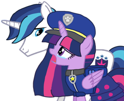 Size: 1280x1045 | Tagged: safe, alternate version, artist:徐詩珮, shining armor, twilight sparkle, alicorn, pony, unicorn, series:sprglitemplight diary, series:sprglitemplight life jacket days, series:springshadowdrops diary, series:springshadowdrops life jacket days, g4, alternate universe, background removed, backpack, base used, brother and sister, chase (paw patrol), clothes, crying, dress, duo, eyelashes, female, hat, male, mare, open mouth, paw patrol, paw prints, sad, siblings, simple background, stallion, transparent background, twilight sparkle (alicorn)