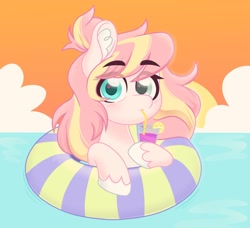 Size: 2048x1871 | Tagged: safe, artist:ninnydraws, oc, oc only, oc:ninny, pony, big eyes, drinking, ear fluff, eyebrows, half body, heart, heart eyes, inner tube, looking at you, smoothie, solo, sunset, swimming, water, wingding eyes