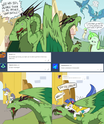 Size: 2562x3062 | Tagged: safe, artist:professor-ponyarity, oc, oc:merriweather, oc:nors, oc:rye, dragon, pony, unicorn, tumblr:ask rye dimar dragon, female, headphones, high res, magic, mare, royal guard