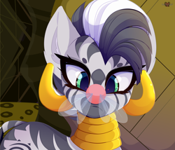 Size: 4680x4000 | Tagged: safe, artist:xsatanielx, zecora, parasprite, zebra, g4, swarm of the century, absurd resolution, cute, ear piercing, earring, featured image, female, insect on nose, jewelry, looking at something, mare, neck rings, piercing, quadrupedal, red nose, rhyming in the comments, scene interpretation, sweet dreams fuel, zecorable