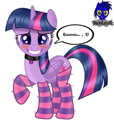 Size: 3840x4154 | Tagged: safe, artist:damlanil, twilight sparkle, alicorn, pony, g4, blushing, clothes, collar, comic, cute, cutie mark collar, female, grin, horn, latex, looking at you, makeup, mare, nervous, nervous smile, raised hoof, rubber, shiny, shiny mane, show accurate, simple background, smiling, socks, solo, striped socks, thigh highs, transparent background, twiabetes, twilight sparkle (alicorn), vector, wings