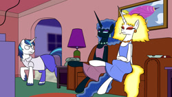 Size: 1920x1080 | Tagged: safe, artist:banebuster, daybreaker, nightmare moon, shining armor, alicorn, pony, unicorn, g4, cigarette, clothes, eyes closed, five o'clock shadow, homer simpson, male, patty bouvier, selma bouvier, sitting, the simpsons