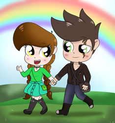 Size: 1696x1815 | Tagged: safe, artist:dyonys, oc, oc only, oc:lucky brush, oc:night chaser, human, blushing, braid, chibi, choker, clothes, female, holding hands, humanized, husband and wife, jacket, jewelry, kneesocks, looking at each other, luckychaser, male, oc x oc, rainbow, ring, scar, shipping, skirt, socks, talking, walking, wedding ring, wingding eyes