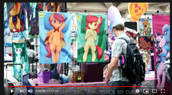 Size: 734x408 | Tagged: safe, artist:fearingfun, apple bloom, scootaloo, starlight glimmer, trixie, human, bronycon, bronycon 2019, g4, adorabloom, backpack, clothes, cute, cutealoo, dakimakura cover, diatrixes, female, filly, glimmerbetes, irl, irl human, jenny nicholson, lesbian, male, photo, ship:startrix, shipping, youtube