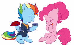 Size: 2547x1584 | Tagged: safe, artist:chub-wub, pinkie pie, rainbow dash, earth pony, pegasus, pony, g4, the last problem, alternate hairstyle, clothes, disappearing ink, eyes closed, female, hoof hold, jacket, laughing, mare, missing cutie mark, older, older pinkie pie, older rainbow dash, open mouth, prank, simple background, sitting, white background, whoopee cushion