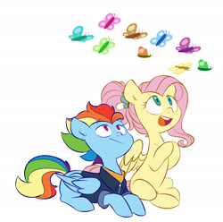 Size: 2335x2316 | Tagged: safe, artist:chub-wub, fluttershy, rainbow dash, butterfly, pegasus, pony, g4, the last problem, alternate hairstyle, clothes, female, high res, jacket, mare, missing cutie mark, older, older fluttershy, older rainbow dash, open mouth, simple background, sitting, white background