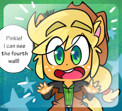 Size: 1124x1024 | Tagged: safe, artist:thegreatrouge, applejack, earth pony, anthro, g4.5, my little pony: pony life, clothes, female, fourth wall, hat, implied pinkie pie, open mouth, solo, speech bubble