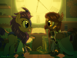 Size: 800x600 | Tagged: safe, artist:rangelost, oc, oc only, hippogriff, kirin, book, clock, clothes, duo, female, hippogriff oc, kirin oc, looking at each other, musical instrument, pixel art, saxophone, smiling