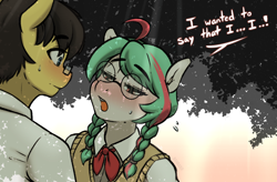 Size: 1752x1152 | Tagged: safe, artist:banbanji, oc, oc:bandaid, oc:juliet, earth pony, anthro, anthro oc, blushing, clothes, confession, explicit source, glasses, lidded eyes, looking at each other, ponytail, school uniform, speech, speech bubble, sweat, talking