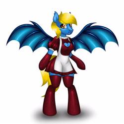 Size: 4000x4000 | Tagged: safe, artist:skairsy, oc, oc only, oc:aliax smily, bat pony, pony, anthro, unguligrade anthro, bat pony oc, bat wings, boob window, breasts, cleavage, clothes, commission, crossdressing, cute, dress, gloves, heart shaped boob window, hoof gloves, long gloves, maid, male, socks, spread wings, thigh highs, wings, ych result