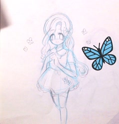 Size: 1488x1557 | Tagged: safe, artist:pinetree0831, fluttershy, butterfly, human, g4, clothes, dress, female, humanized, solo, traditional art
