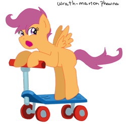 Size: 503x495 | Tagged: safe, artist:wrath-marionphauna, scootaloo, pony, g4, digital art, female, missing cutie mark, open mouth, scooter, solo