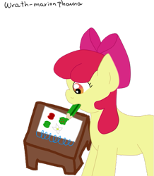 Size: 511x585 | Tagged: safe, artist:wrath-marionphauna, apple bloom, earth pony, pony, g4, bow, digital art, drawing, female, hair bow, pencil, simple background, solo, table