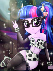 Size: 1800x2400 | Tagged: safe, artist:artmlpk, sci-twi, twilight sparkle, cow, equestria girls, g4, adorable face, adorasexy, adorkable, animal costume, bare shoulders, beautiful, beautisexy, breasts, cleavage, clothes, costume, cow costume, cow ears, cute, digital art, dork, female, lidded eyes, looking at you, nerd, outfit, peace sign, ponytail, scrunchie, sexy, shoes, sitting, smiling, smiling at you, socks, solo, stockings, thigh highs, thighs, topless, twiabetes, watermark