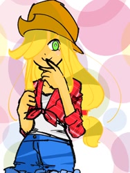 Size: 768x1024 | Tagged: safe, artist:towada555, applejack, human, g4, female, hair over one eye, humanized, solo