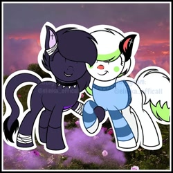 Size: 1080x1080 | Tagged: safe, artist:elinka_officall, oc, oc only, cat, cat pony, original species, bandage, base used, choker, clothes, duo, eyes closed, holding hooves, leonine tail, smiling