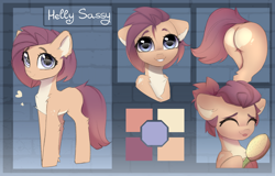 Size: 2500x1600 | Tagged: safe, artist:radioaxi, oc, oc only, oc:helly sassy, earth pony, pony, blank flank, brush, butt, chest fluff, commission, ear fluff, female, heart butt, heart mark, looking at you, mare, pale belly, plot, reference sheet, smiling, tail, tail aside