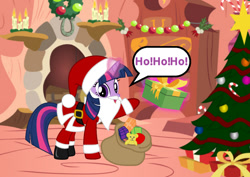 Size: 1024x723 | Tagged: artist needed, safe, twilight sparkle, pony, unicorn, g4, belt, boots, candle, christmas, christmas tree, clothes, costume, fake beard, female, fireplace, gloves, glowing horn, golden oaks library, hat, ho ho ho, holiday, horn, looking at you, magic, mare, present, raised hoof, sack, santa beard, santa claus, santa costume, santa hat, shoes, solo, tree, unicorn twilight, wreath