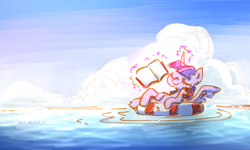 Size: 1800x1080 | Tagged: safe, artist:fuyugi, twilight sparkle, alicorn, pony, g4, book, cloud, eyes closed, female, inner tube, magic, mare, ocean, pixiv, relaxing, solo, telekinesis, twilight sparkle (alicorn), water