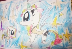 Size: 1080x736 | Tagged: safe, artist:bellas.den, oc, oc only, alicorn, pony, alicorn oc, bow, clothes, duo, flying, glowing horn, horn, stars, tail bow, traditional art, wings