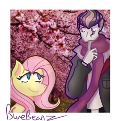 Size: 768x768 | Tagged: safe, artist:blue_beanz_101, fluttershy, human, pegasus, pony, g4, clothes, crossover, danganronpa, danganronpa 2, duo, eyelashes, female, gundham tanaka, looking at each other, male, mare, outdoors, scarf, signature, smiling, tree