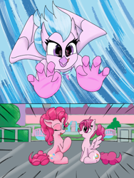 Size: 768x1024 | Tagged: safe, artist:doomfister, artist:mrleft, bifröst, pinkie pie, silverstream, earth pony, hippogriff, pegasus, pony, series:school snacks, g4, female, friendship student, imminent vore, mare, one eye closed, sitting, story in the source, wink