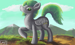 Size: 854x512 | Tagged: safe, artist:dreamyskies, oc, oc:dreamer skies, pegasus, pony, calmness, grass, happy, looking at you, male, mountain, pose, raised tail, scenery, solo, stallion, tail
