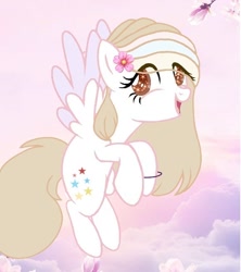 Size: 580x654 | Tagged: safe, artist:lacey.wonder, oc, oc only, pegasus, pony, bracelet, cloud, eyelashes, flower, flower in hair, flying, jewelry, open mouth, pegasus oc, smiling, solo, two toned wings, wings