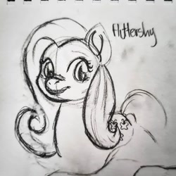 Size: 1080x1080 | Tagged: safe, artist:timid_auroramlp, fluttershy, pegasus, pony, g4, bust, female, lineart, mare, monochrome, smiling, solo, text, traditional art