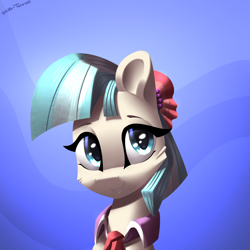 Size: 2500x2500 | Tagged: safe, artist:shido-tara, coco pommel, earth pony, pony, g4, bust, cute, female, high res, looking up, mare, portrait, simple background, smiling, solo