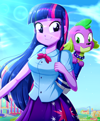 Size: 1784x2163 | Tagged: safe, artist:the-butch-x, spike, twilight sparkle, dog, human, equestria girls, g4, breasts, busty twilight sparkle, canterlot high, clothes, cute, cutie mark, cutie mark on clothes, duo, looking at you, meganekko, purple hair, redraw, rework, skirt, smiling, smiling at you, spikabetes, spike the dog, twiabetes