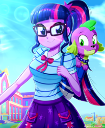 Size: 1784x2163 | Tagged: safe, alternate version, artist:the-butch-x, sci-twi, spike, spike the regular dog, twilight sparkle, dog, human, equestria girls, g4, my little pony equestria girls: better together, backpack, breasts, busty sci-twi, canterlot high, clothes, cute, cutie mark, cutie mark on clothes, duo, geode of telekinesis, glasses, jewelry, looking at you, magical geodes, meganekko, necklace, ponytail, purple hair, redraw, rework, signature, skirt, smiling, smiling at you, spikabetes, the-butch-x is trying to murder us, twiabetes