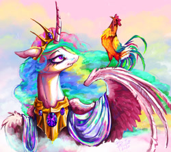 Size: 2250x2000 | Tagged: safe, artist:baccizoof, princess celestia, alicorn, bird, chicken, pony, g4, female, gem, high res, jewelry, out of character, peytral, regal, rooster, solo, wings