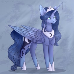 Size: 1378x1378 | Tagged: dead source, safe, artist:chrystal_company, princess luna, alicorn, pony, g4, abstract background, female, hoof shoes, horn, horn jewelry, jewelry, mare, peytral, redesign, solo