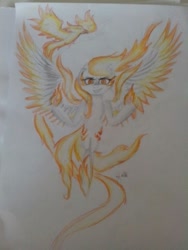 Size: 768x1024 | Tagged: safe, artist:kiwwsplash, oc, oc only, pegasus, phoenix, pony, both cutie marks, duo, flying, mane of fire, pegasus oc, pyromancy, smiling, smirk, traditional art, wings