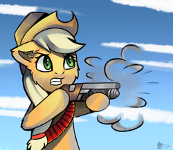Size: 2300x2000 | Tagged: safe, artist:freak-side, applejack, earth pony, pony, g4, bipedal, ear fluff, female, gun, high res, shooting, shotgun, solo, standing on two hooves, weapon