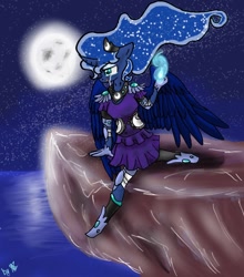 Size: 900x1024 | Tagged: safe, artist:kiwwsplash, princess luna, alicorn, anthro, unguligrade anthro, g4, boots, cliff, clothes, colored, crying, ethereal mane, female, full moon, gloves, glowing hands, jewelry, moon, night, ocean, shoes, sitting, skirt, solo, starry mane, stars, tiara