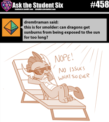 Size: 800x901 | Tagged: safe, artist:sintakhra, smolder, dragon, tumblr:studentsix, g4, bandana, beach chair, chair, cute, female, smolderbetes, solo, sunbathing, sunglasses